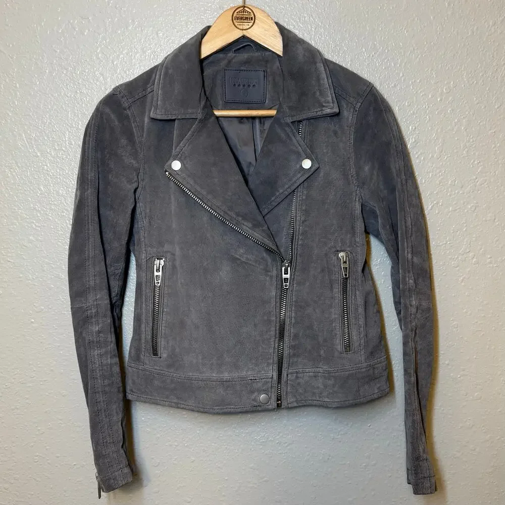 [BLANKNYC] Jacket 100% Suede Leather Moto Asymmetrical Zip Crop Gray Size Small
